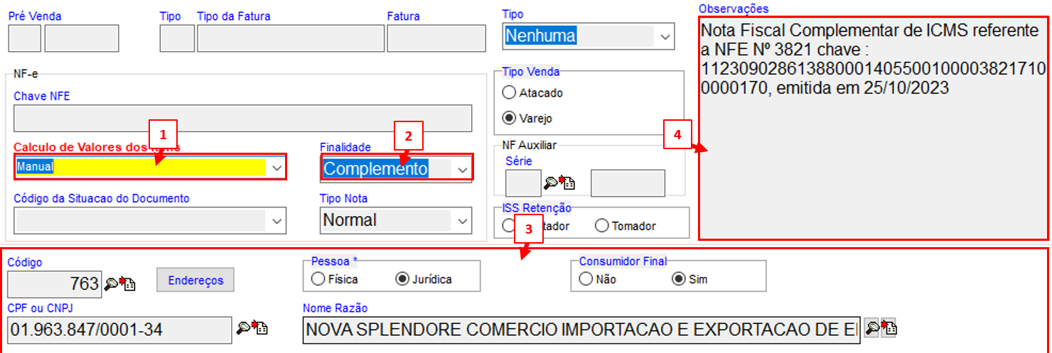 Nota Fiscal complementar